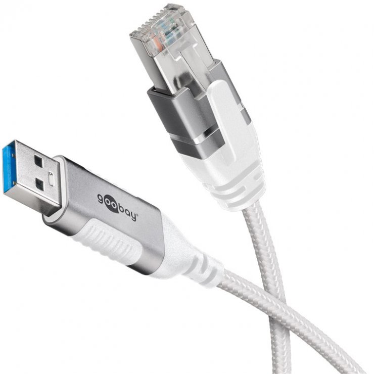 Imagine Cablu de retea USB-A la RJ45 Gigabit Cat.6 Slim 3m brodat Alb, Goobay G74380