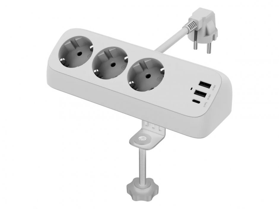 Imagine Prelungitor cu 3 x Schuko + 1 x USB-C + 2 x USB-A 1.5m Alb montare birou, Value 19.99.1034