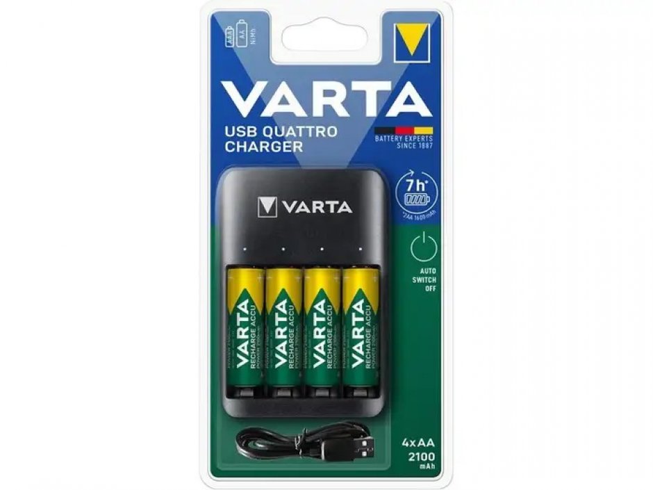 Imagine Incarcator USB pentru acumulatori AA/AAA NiMH + 4 acumulatori AA 2100mAh, Varta 57652