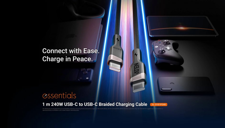 Imagine Cablu USB 2.0 type C la USB type C 240W E-Marker 1m brodat Negru, ATEN 2L-3101P240