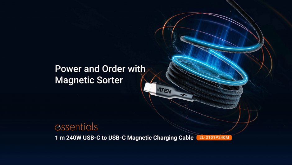 Imagine Cablu USB 2.0 type C la USB type C 240W E-Marker 2m brodat magnetic Negru, ATEN 2L-3101P240M