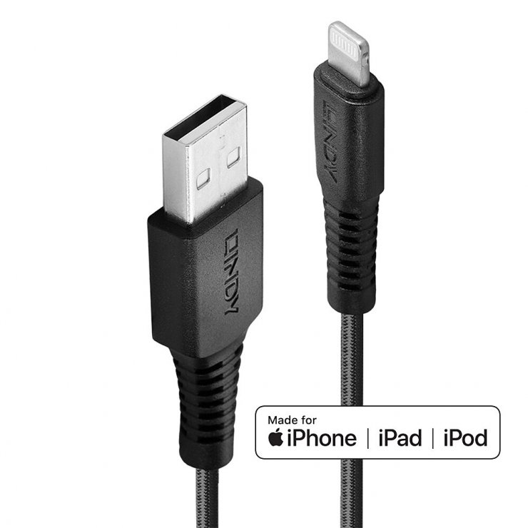 Imagine Cablu de date + incarcare USB la iPhone Lightning rezistent 3m Negru, Lindy L31293*