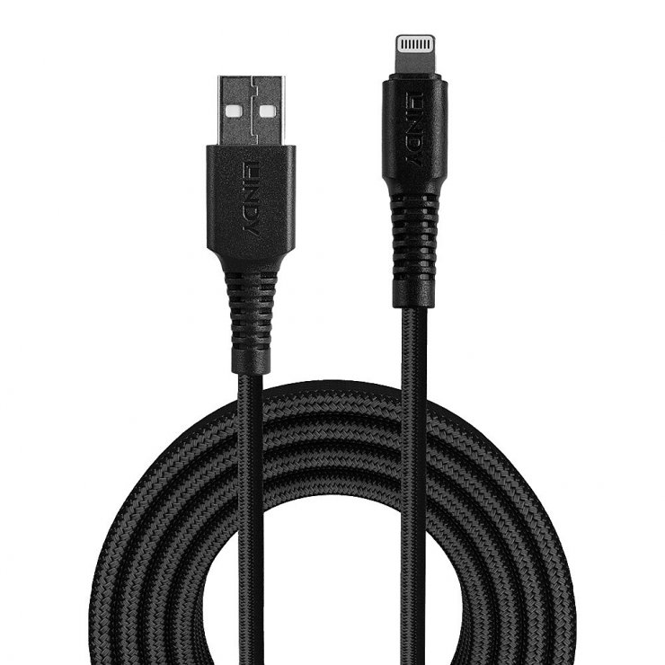 Imagine Cablu de date + incarcare USB la iPhone Lightning rezistent 3m Negru, Lindy L31293*
