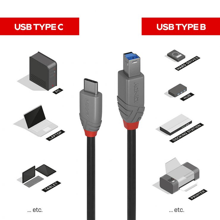 Imagine Cablu USB 3.2 Type C la USB-B Anthra Line 0.5m, Lindy L36665
