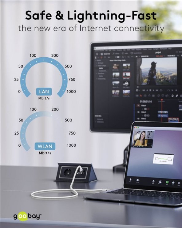 Imagine Cablu de retea USB-A la RJ45 Gigabit Cat.6 Slim 3m brodat Alb, Goobay G74380