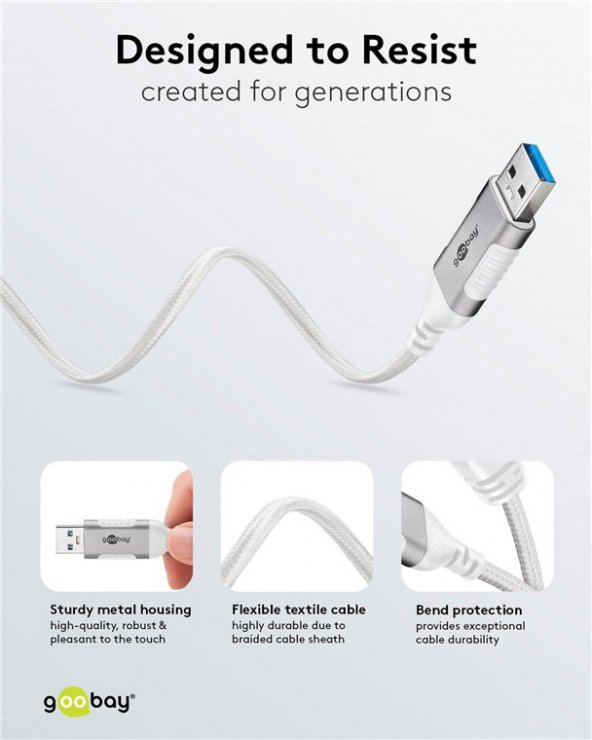 Imagine Cablu de retea USB-A la RJ45 Gigabit Cat.6 Slim 1m brodat Alb, Goobay G74377