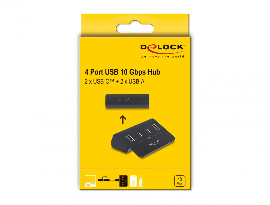 Imagine HUB USB 10 Gbps cu 2 x USB Type C + 2 x USB-A Negru, Delock 64259