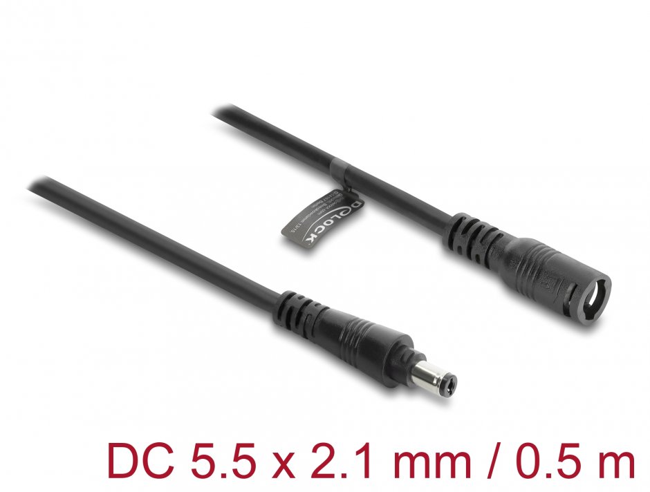 Imagine Cablu prelungitor alimentare 5.5 x 2.1mm cu blocare T-M 0.5m Negru, Delock 67388