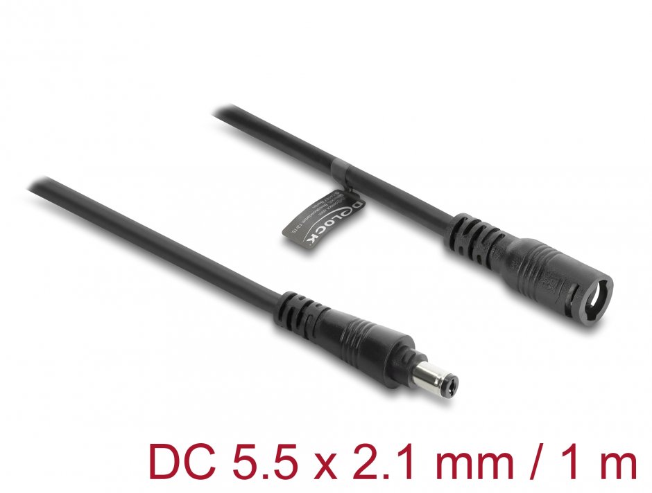 Imagine Cablu prelungitor alimentare 5.5 x 2.1mm cu blocare T-M 1m Negru, Delock 67389