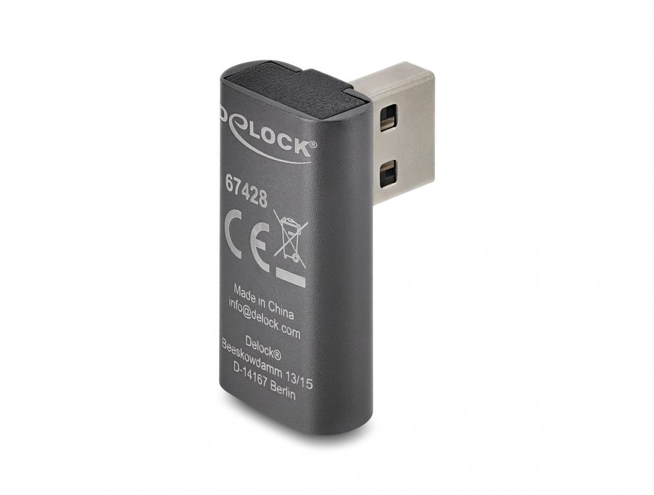 Imagine Adaptor USB-A 10 Gbps 60W unghi 90 grade T-M Aluminiu, Delock 67428