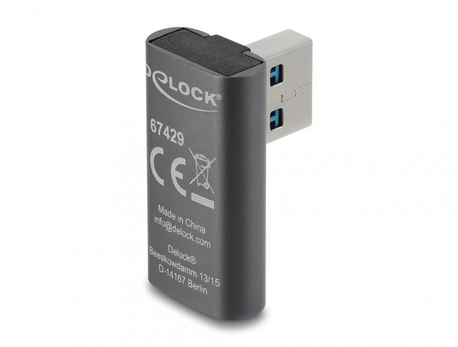 Imagine Adaptor USB-A 10 Gbps 60W unghi 90 grade T-M Aluminiu, Delock 67429