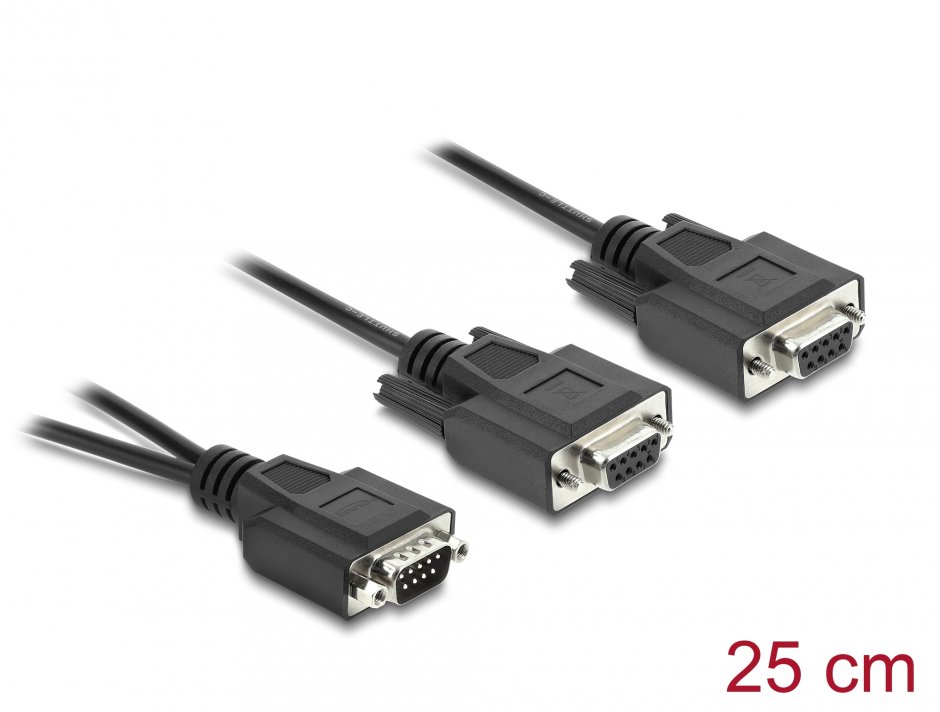 Imagine Splitter Y serial D-Sub 9 pini la 2 x D-Sub 9 pini T-M 0.25m Negru, Delock 67444