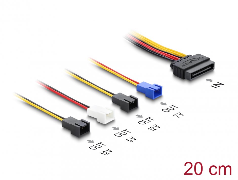 Imagine Cablu alimentare SATA 15 pini la 4 x 2 pini fan (12V/7V/5V) 20cm, Delock 80656