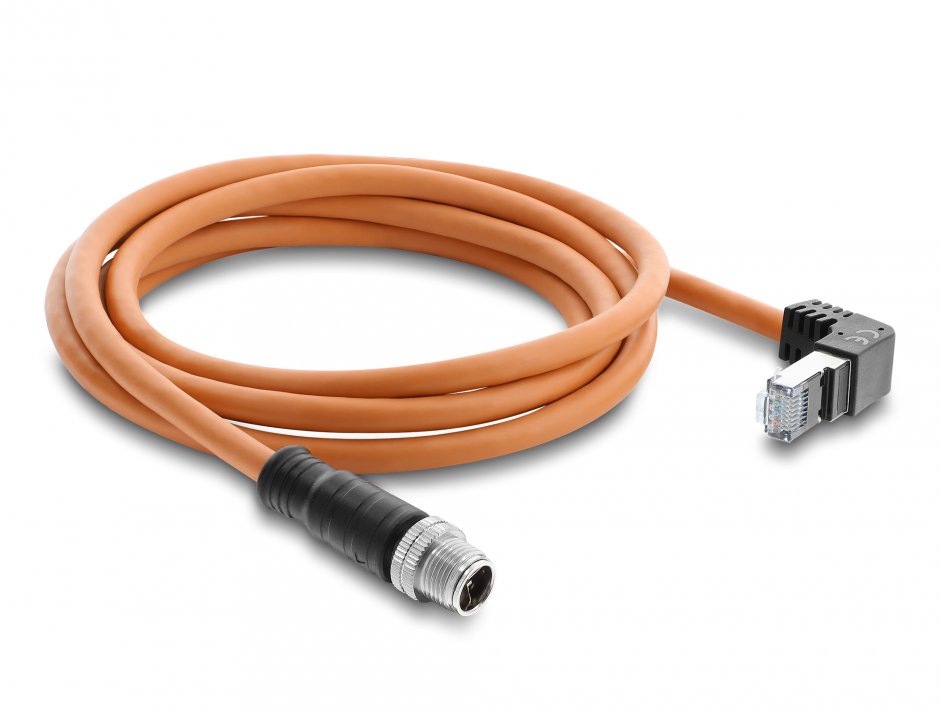 Imagine Cablu de retea M12 X-coded 8 pini la RJ45 S/FTP drept/unghi sus 2m Portocaliu, Delock 81000