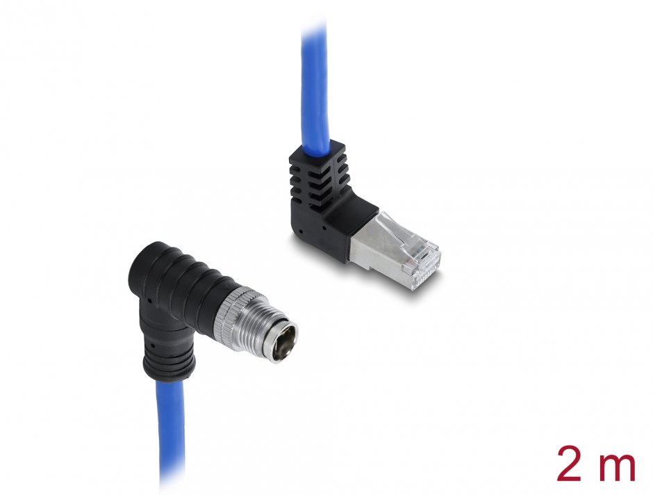 Imagine Cablu de retea M12 X-coded 8 pini la RJ45 S/FTP unghi jos/unghi sus 2m Albastru, Delock 81012