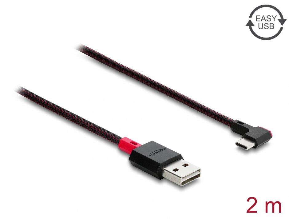 Imagine Cablu EASY-USB 2.0-A la USB Type C drept/unghi stanga/dreapta T-T 2m Negru, Delock 81547