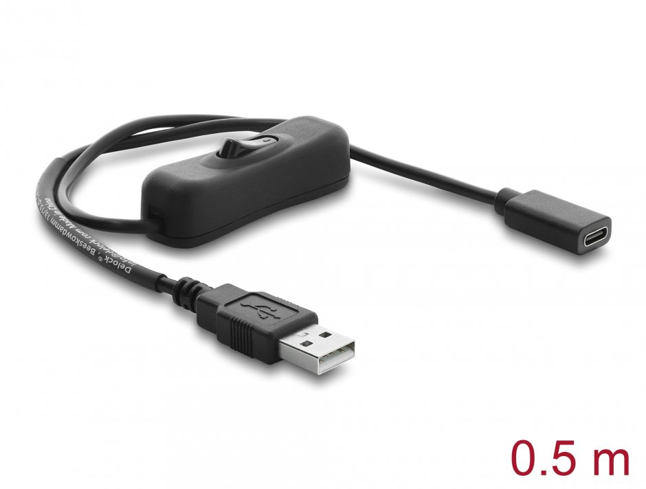 Imagine Cablu alimentare USB-A la USB type C cu switch ON/OFF T-M 0.5m, Delock 81658