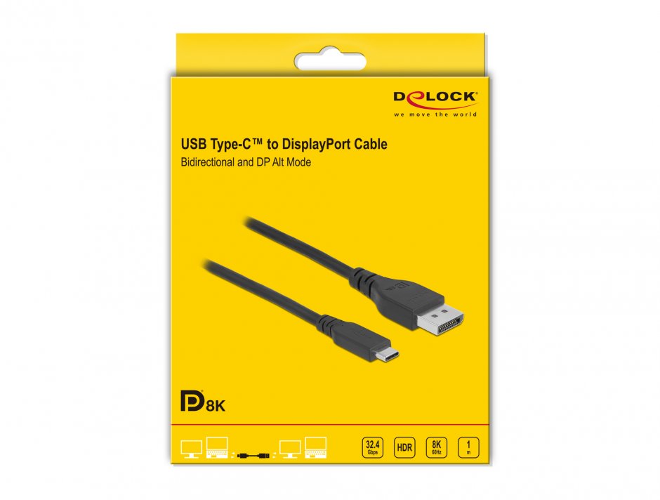 Imagine Cablu bidirectional USB Type-C la DisplayPort (DP Alt Mode) 8K60Hz/4K240Hz 1m (DP 8K certificat), Delock 86038