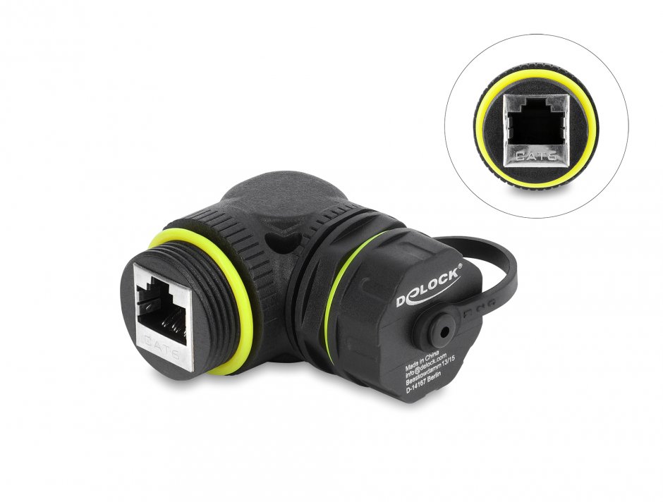 Imagine Cupla RJ45 Cat.6 ecranata waterproof IP68 unghi 90 grade M-M, Delock 87407