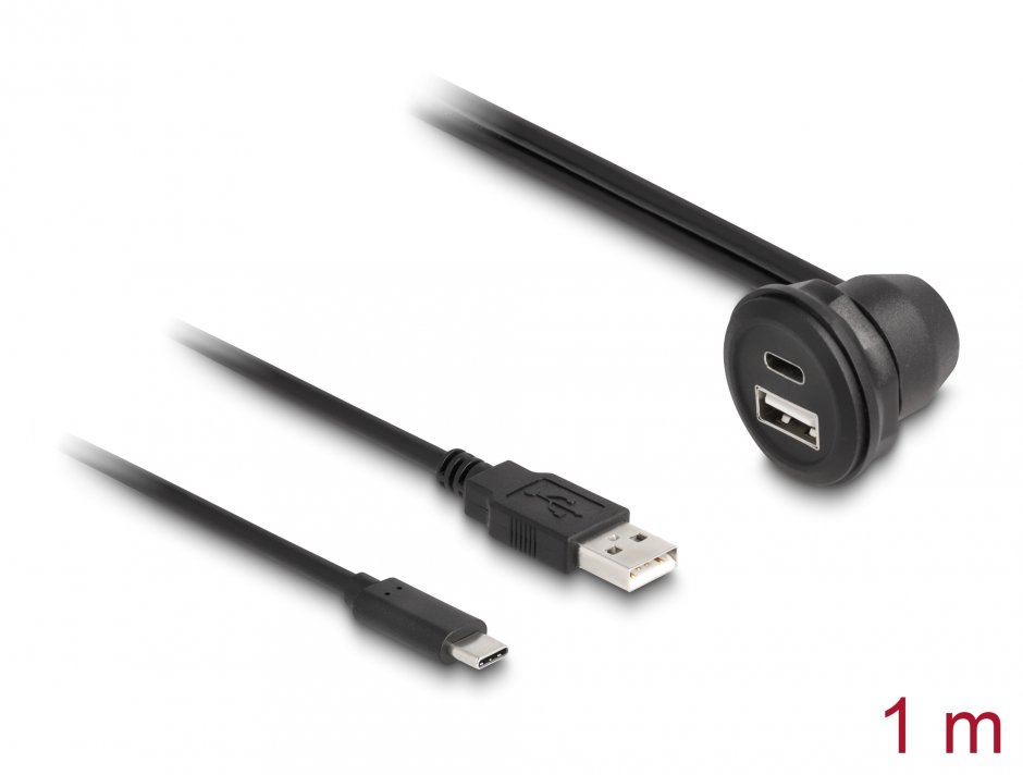 Imagine Cablu prelungitor USB type C + USB-A T-M 1m Negru montare masa/carcasa/auto, Delock 88103
