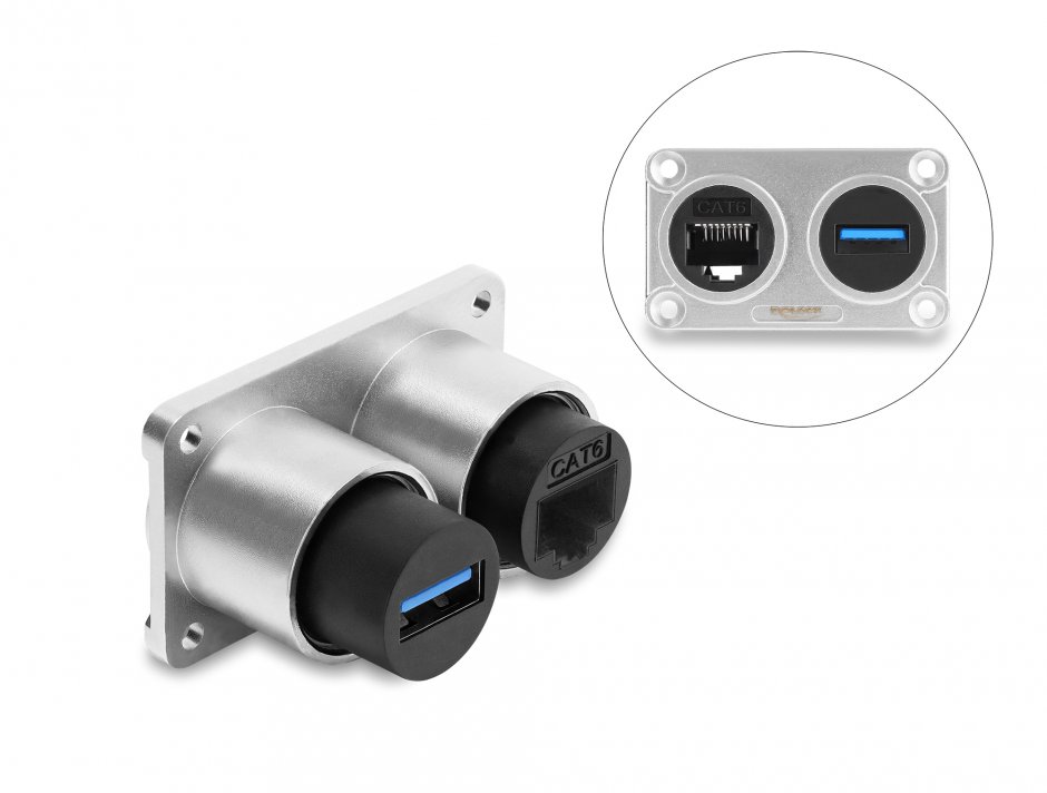 Imagine Priza montare birou cu USB-A + RJ45 Cat.6 Silver, Delock 91160