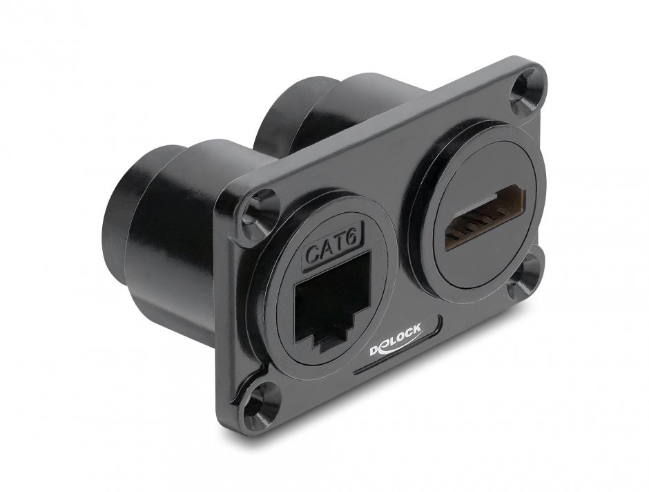 Imagine Priza montare birou cu RJ45 Cat.6 + HDMI 4K60Hz Negru, Delock 91172
