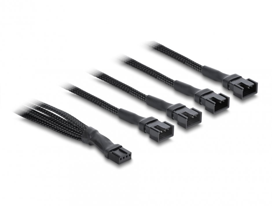 Imagine Splitter 1 x 4 pini ventilator PWM la 3 x 4 pini (3 pini conectati) M-T brodat 40cm Negru, Delock 91342