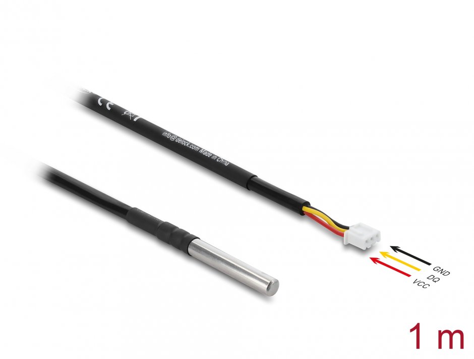Imagine Senzor temperatura la 3 pini pin header DS18B20 1m, Delock 91386