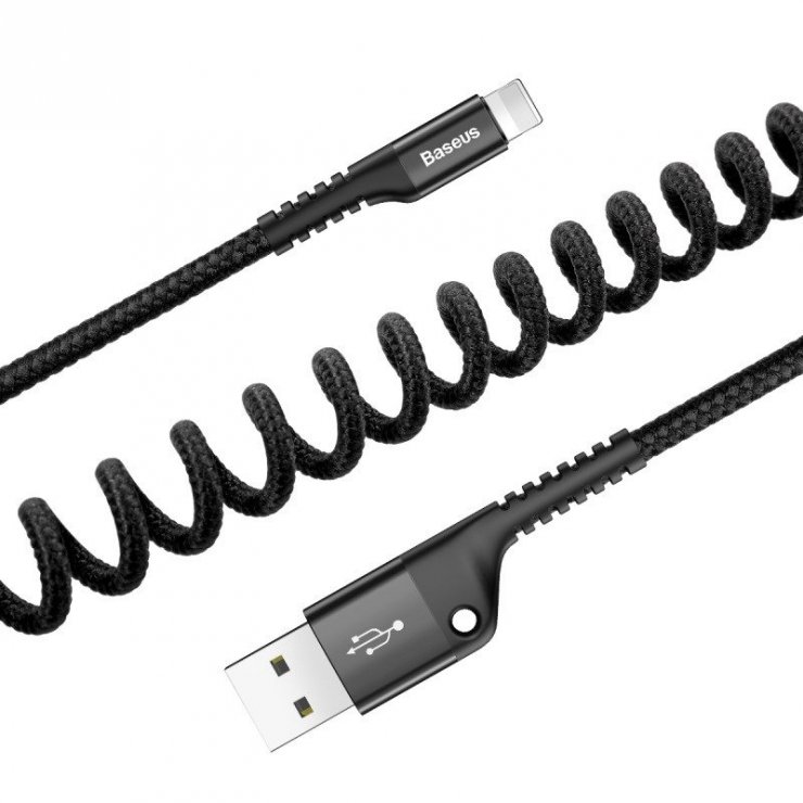 Imagine Cablu USB-A la iPhone Lightning 2A Fish Eye Spring spiralat 1m Negru, Baseus CALSR-01