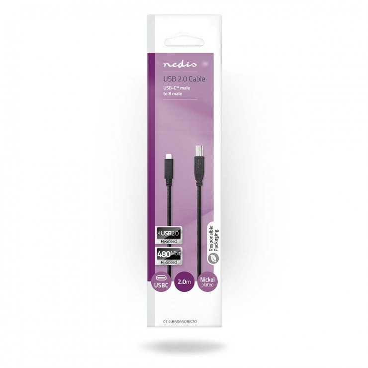 Imagine Cablu USB type C 2.0 la USB-B T-T 2m Negru, Nedis CCGB60650BK20