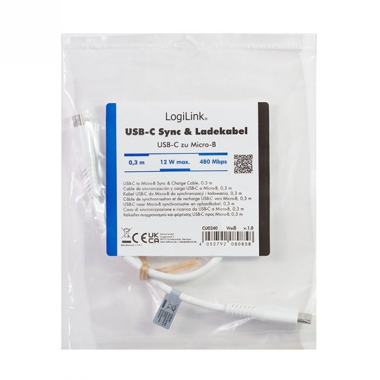 Imagine Cablu micro USB 2.0 la USB type C T-T 0.3m Alb, Logilink CU0240