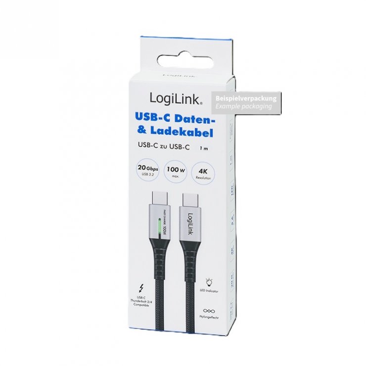 Imagine Cablu USB 3.2 Gen2x2 Type C 20Gbps/100W/4K60Hz cu LED T-T 1m Negru, Logilink CU0432