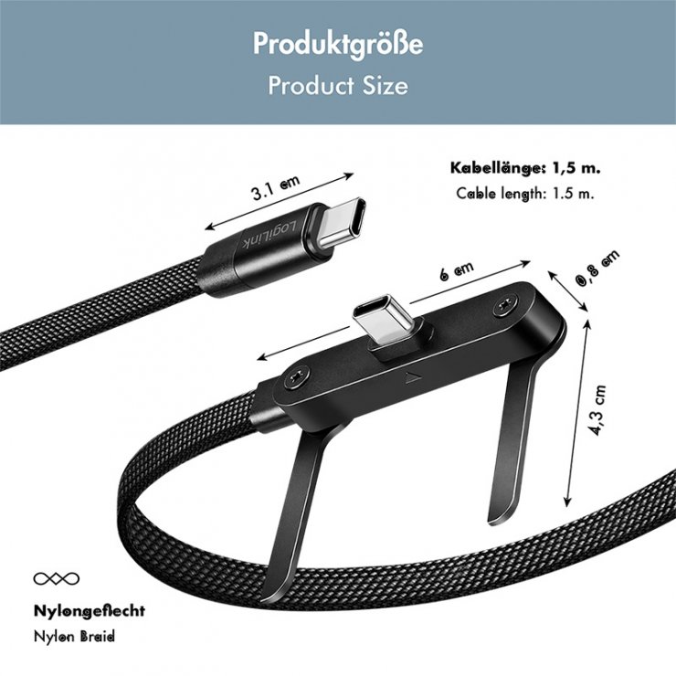 Imagine Cablu USB 2.0 type C la USB type C 240W cu stand T-T 1.5m brodat Negru, Logilink CU0450