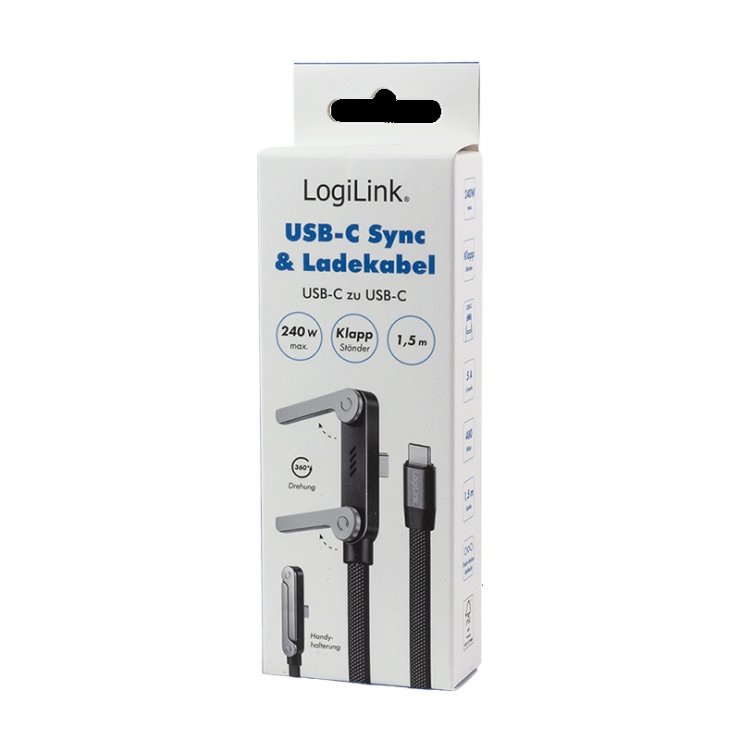 Imagine Cablu USB 2.0 type C la USB type C 240W cu stand T-T 1.5m brodat Negru, Logilink CU0450