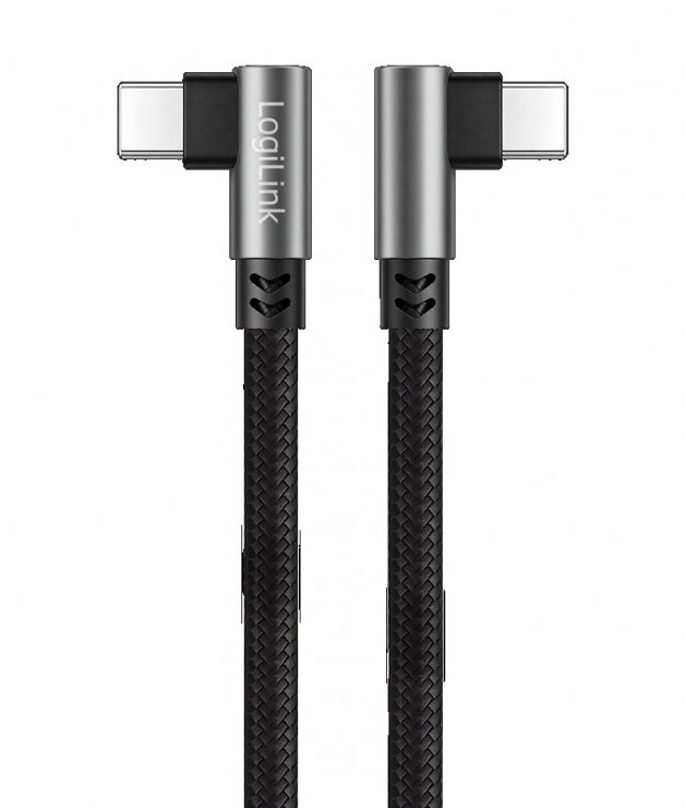 Imagine Cablu USB 2.0 type C T-T unghi/unghi 90 grade 100W 2m brodat Negru, Logilink CU0462