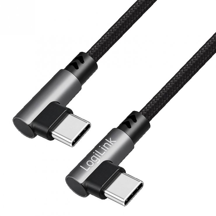 Imagine Cablu USB 2.0 type C T-T unghi/unghi 90 grade 100W 1m brodat Negru, Logilink CU0461
