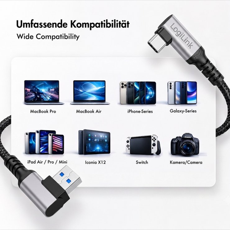 Imagine Cablu USB-A 3.0 la USB type C T-T unghi/unghi 90 grade 60W 1.5m brodat Negru, Logilink CU0472