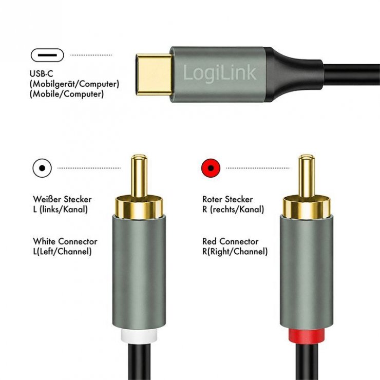 Imagine Cablu audio USB type C la 2 x RCA 1m Negru, Logilink CUA0140