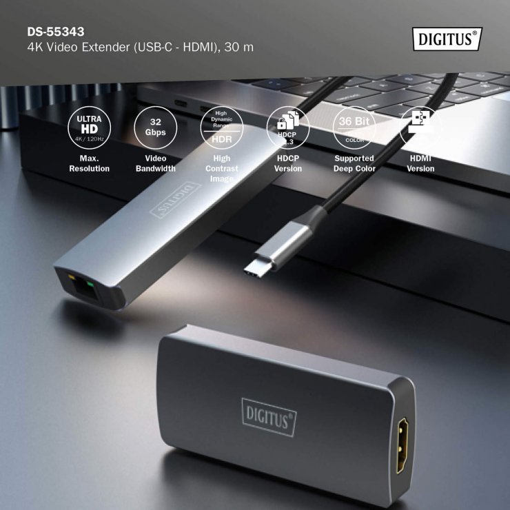 Imagine Extender USB type C la HDMI 4K120Hz via LAN max. 30m, Digitus DS-55343