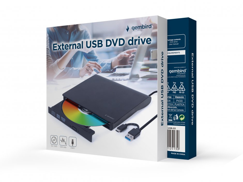 Imagine DVD-RW extern la USB-A/USB type C Negru, Gembird DVD-USB-031