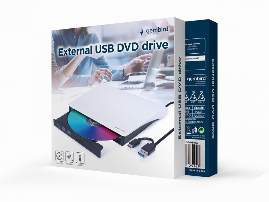 Imagine DVD-RW extern la USB-A/USB type C Alb/Negru, Gembird DVD-USB-031-BW