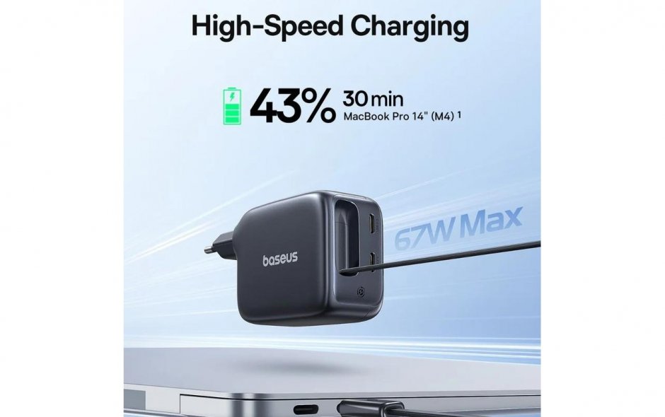 Imagine Incarcator priza 2 x USB-C + cablu USB Type C GaN 67W, Baseus E0121E00