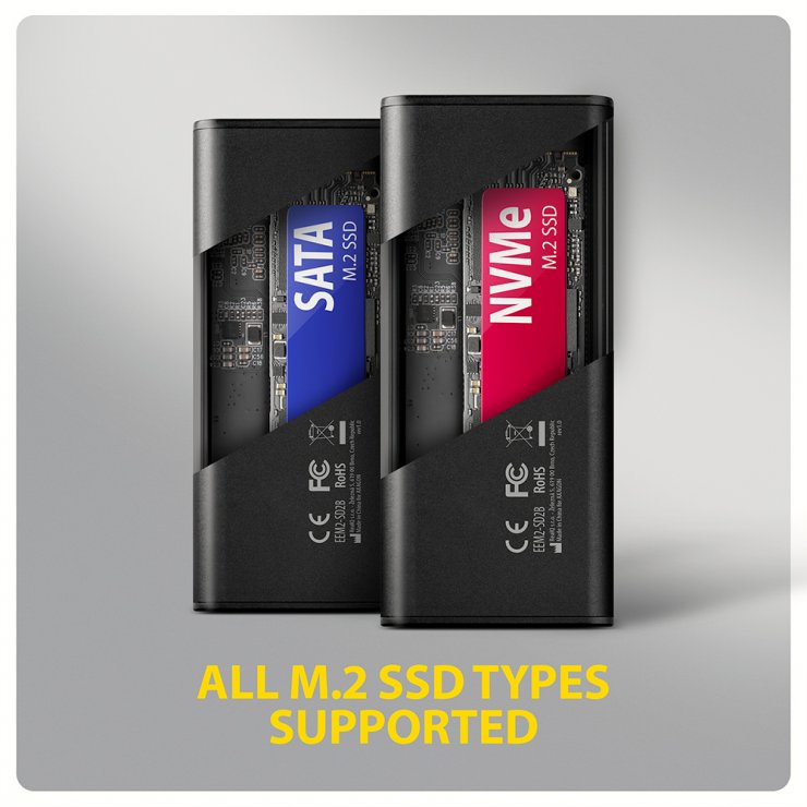 Imagine Rack extern USB type C 10Gbps la M.2 NVMe & SATA SSD cu display, Axagon EEM2-SD2B
