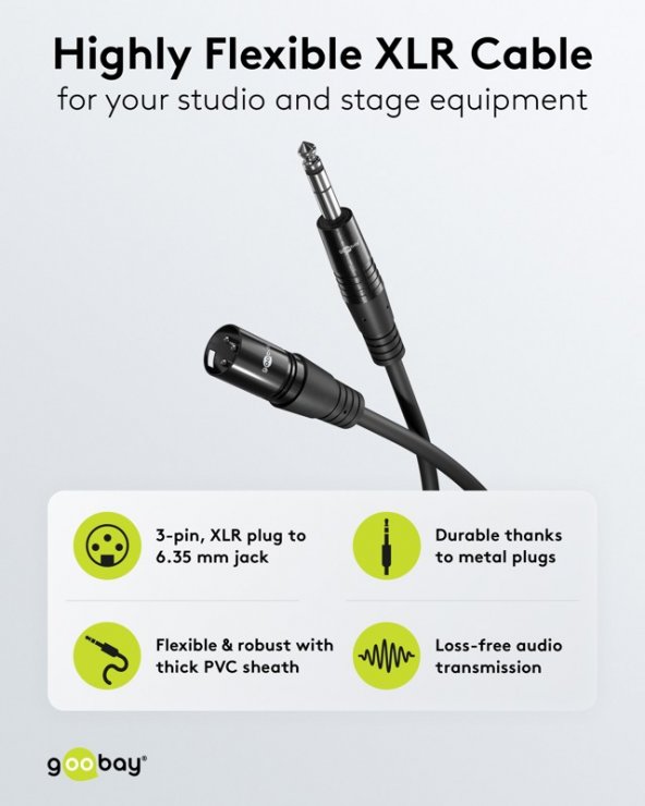 Imagine Cablu audio XLR 3 pini la jack stereo 6.35mm T-T 1m Negru, Goobay G80049
