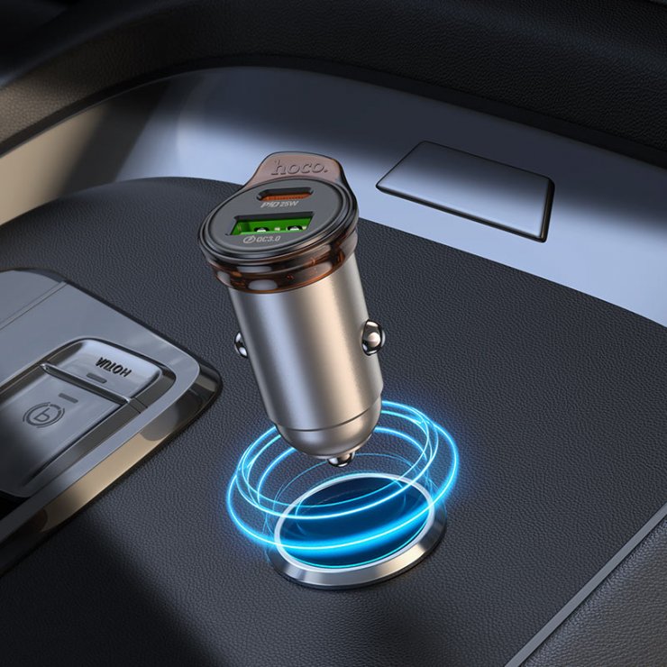 Imagine Incarcator auto USB-A + USB-C 43W Rigorous metal Gri, HOCO NZ16A
