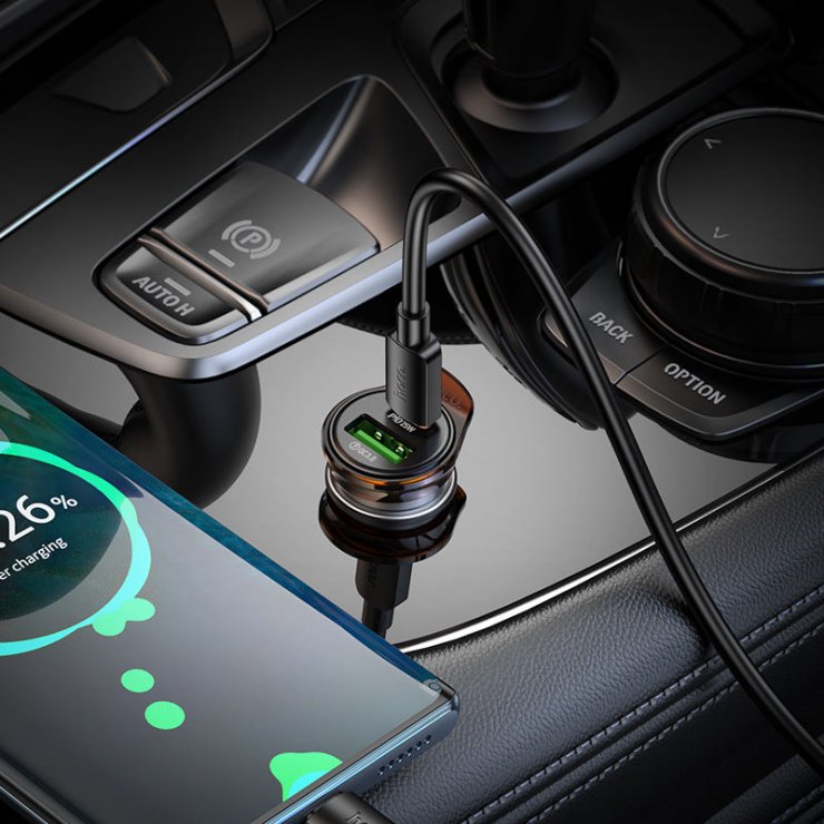 Imagine Incarcator auto USB-A + USB-C 43W Rigorous metal Gri, HOCO NZ16A