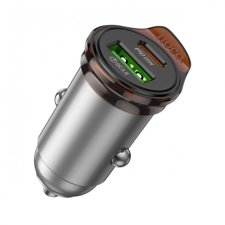 Imagine Incarcator auto USB-A + USB-C 43W Rigorous metal Gri, HOCO NZ16A