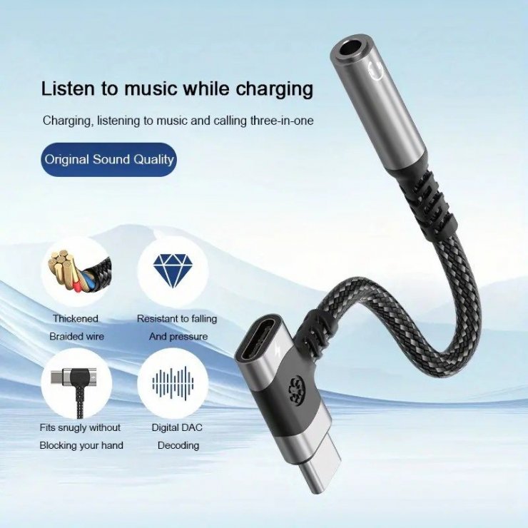 Imagine Adaptor audio USB type C la jack 3.5mm DAC T-M + alimentare USB-C brodat 12cm, ku31zvuk05