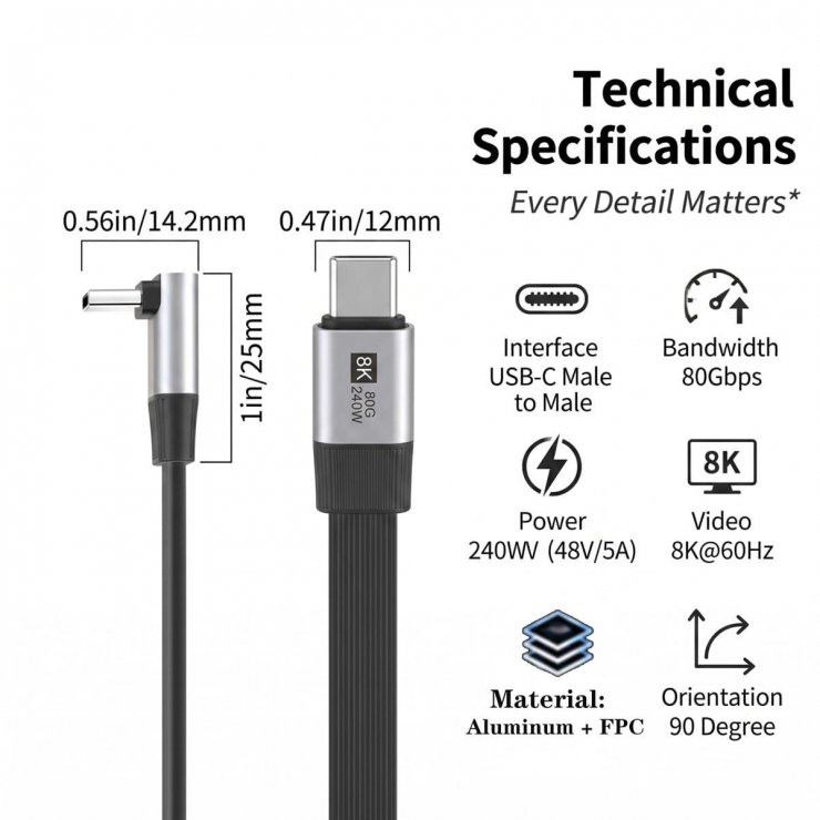 Imagine Cablu USB4 type C flat 8K60Hz 240W drept/unghi T-T 0.13m Negru, ku4fa3
