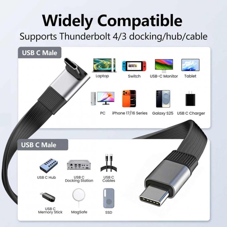 Imagine Cablu USB4 type C flat 8K60Hz 240W drept/unghi T-T 0.13m Negru, ku4fa3